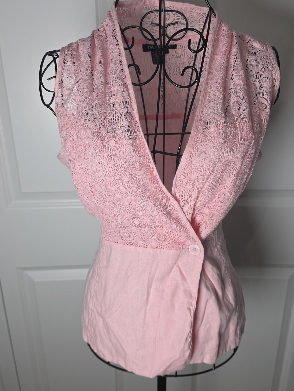 Tracy M Pink Linen Lace Wrap Top L Cottagecore Romantic